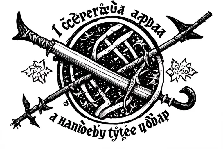 Russian Prison tattoo featuring a harpoon and the text "Из сердца ада я наношу тебе удар." tattoo design idea
