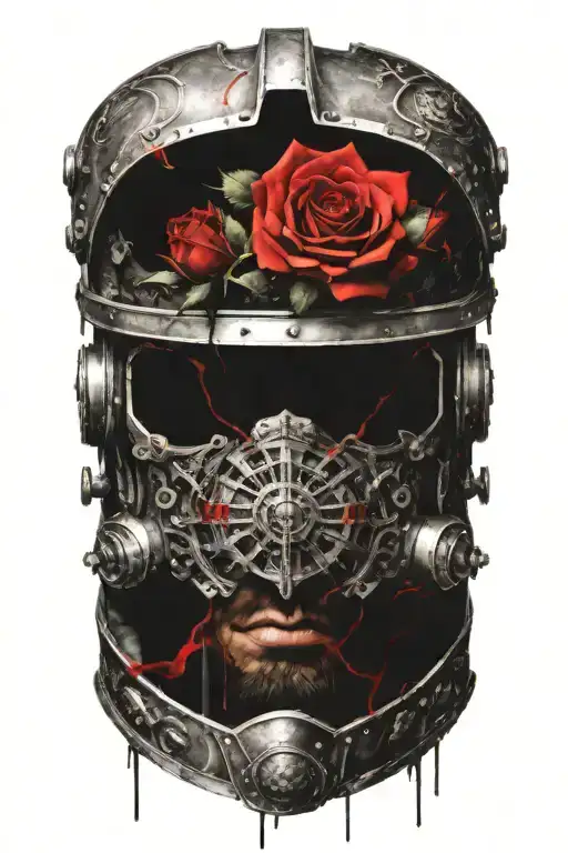 strength courage faith , god warrior with helmet sword shield rose window on armor  tattoo design idea
