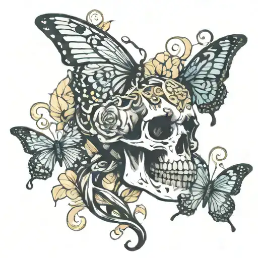skull overlay medusa head with butterfies tattoo design idea