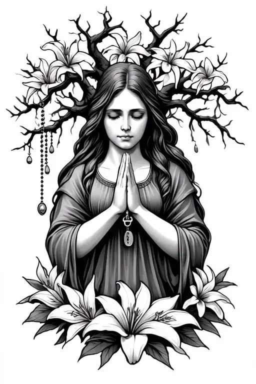 willow tree background, women prayin with rosary hanging from her hands, and lilies tattoo design idea