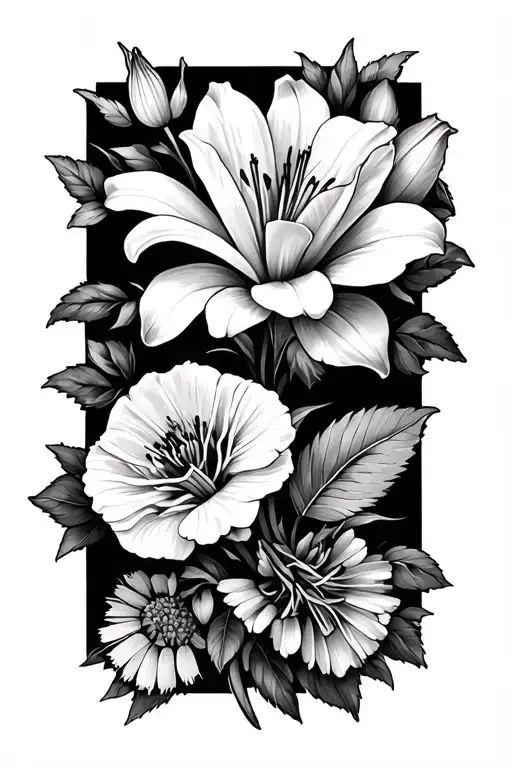 Lily flower, Rose, marigold flower, dandelion flower, Orchid flower tattoo design idea