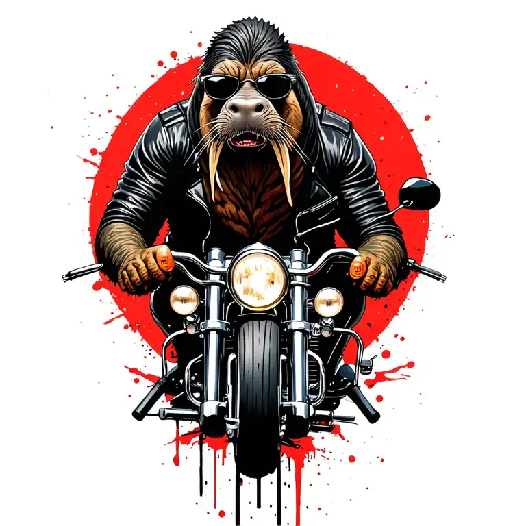 male walrus full body wearing riding leathers and sunglasses with a grey goatee riding a harley ultra limited tattoo design idea