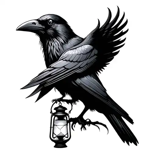 raven with lantern in beak tattoo design idea