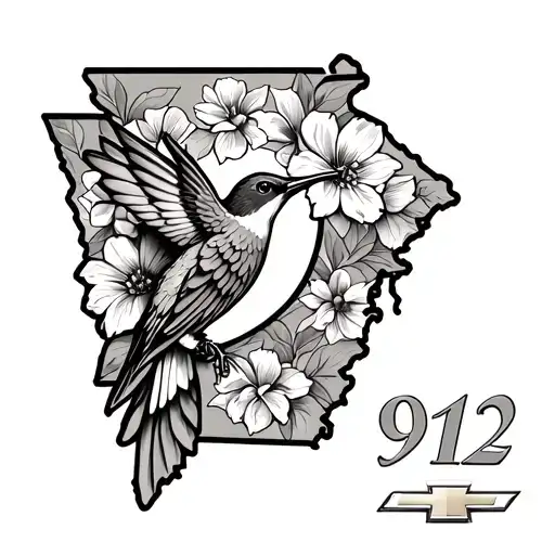 Fourarm tattoo with the shape of Georgia state outline hummingbird and flowers, the area code 912, the Chevrolet bow tie tattoo design idea