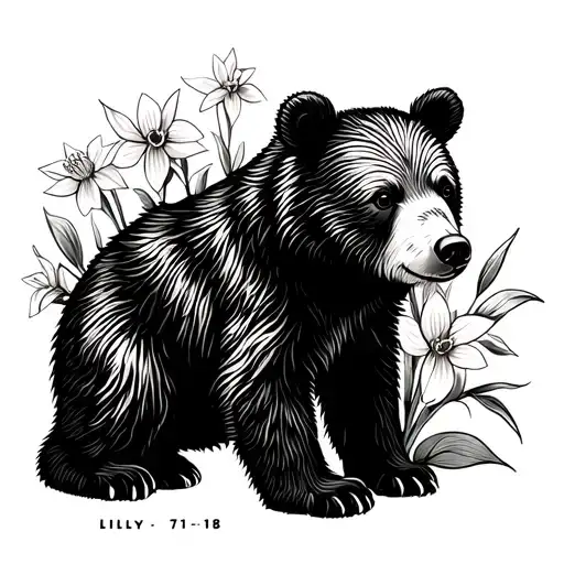 "Lilly 7-11-18" "Lilly 7-11-18" daffodils around baby bear tattoo design idea