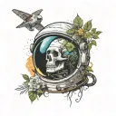 stoicism incorporating astronaut and nature and a skull. realistic style with a little color tattoo design idea