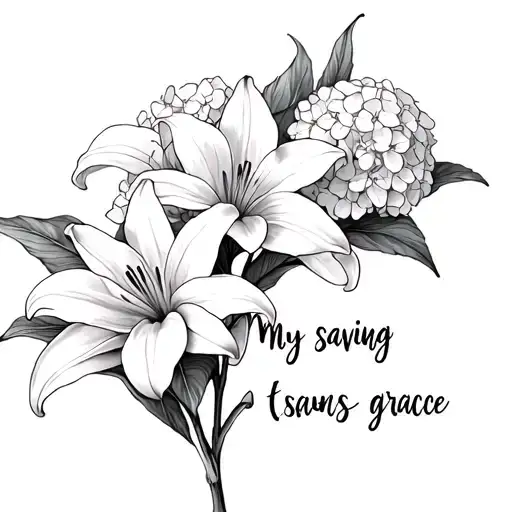 Lillies, hydrangeas flowers with writing “my saving grace” in cursive written in the stem. tattoo design idea