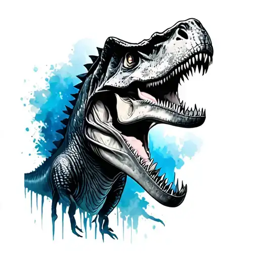 Create a full black and grey realism tattoo arm sleeve  based on dinosaurs and blue from Jurassic world being the main p tattoo design idea