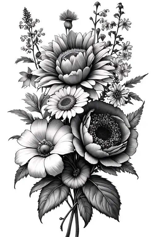 bouquet of flowers with 1 fireweed, 1 peony, 1 daisy, 1 sunflower, 1 forget me not, and 1 morning glory tattoo design idea