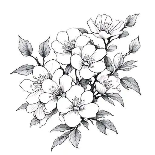 Creates a delicate floral composition with several flowers such as Japanese cherry blossoms. Use fine and clear lines.  tattoo design idea