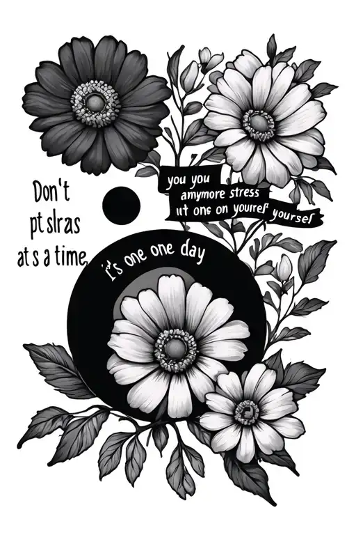 flowers with the words "Don't you put anymore stress on yourself It's one day at a time" sneak a semicolon in too tattoo design idea