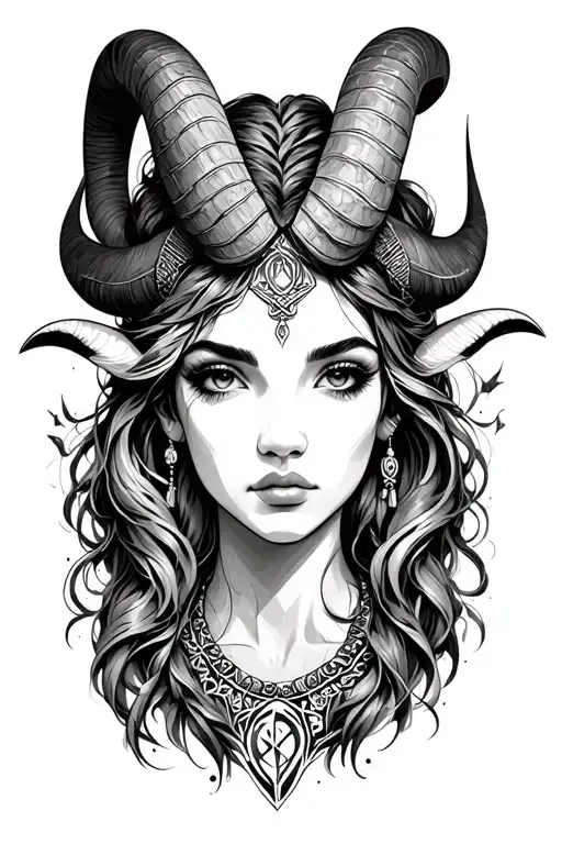 aries woman face with horn aries zodiac sign and accessories tattoo design idea