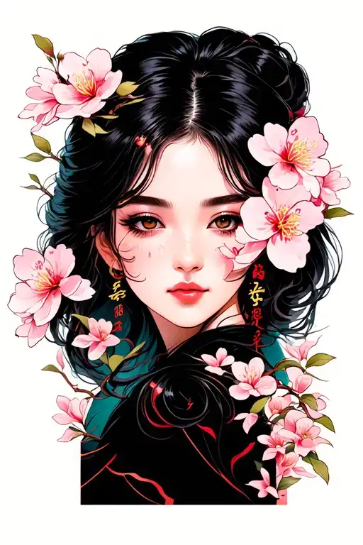 Cherry Blossom, Roshawn in Mandarin, Beautiful Female Face on half of the back  tattoo design idea