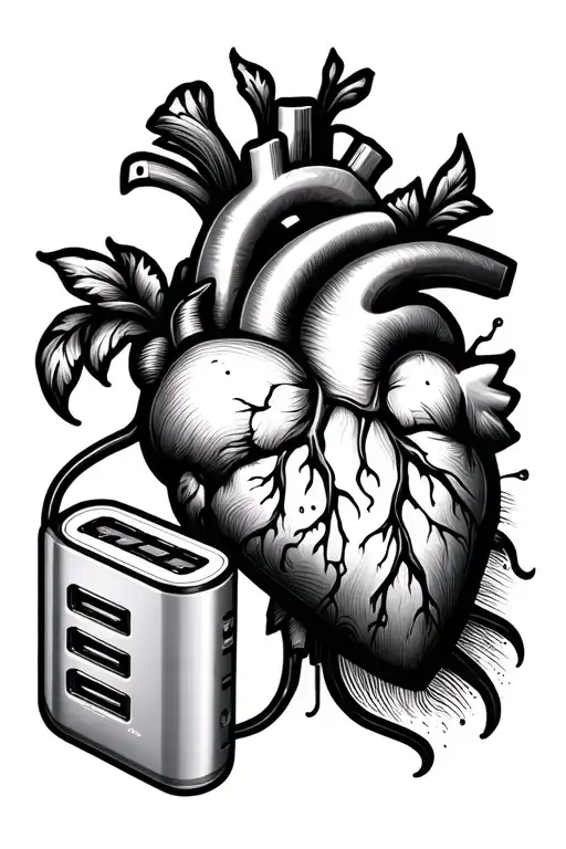 A power bank connected to a heart saying my powerbank in fine line art tattoo  tattoo design idea