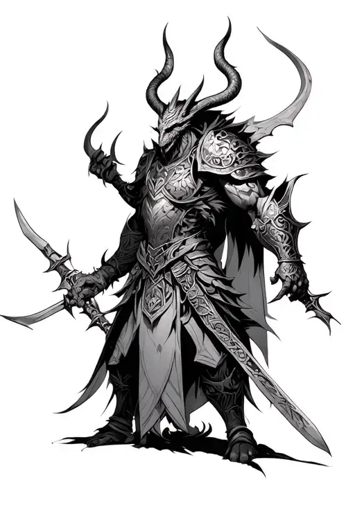 A demon warrior with intricate armor and weapons tattoo design idea