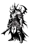 A demon warrior with intricate armor and weapons tattoo design idea