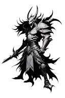 A demon warrior with intricate armor and weapons tattoo design idea