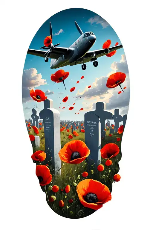 poppies falling from a lancaster bomber over a military graveyard tattoo design idea