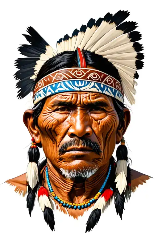eve American Indian man (Hala y) with wrinkles and on his face symbols of their cultures tattoo design idea