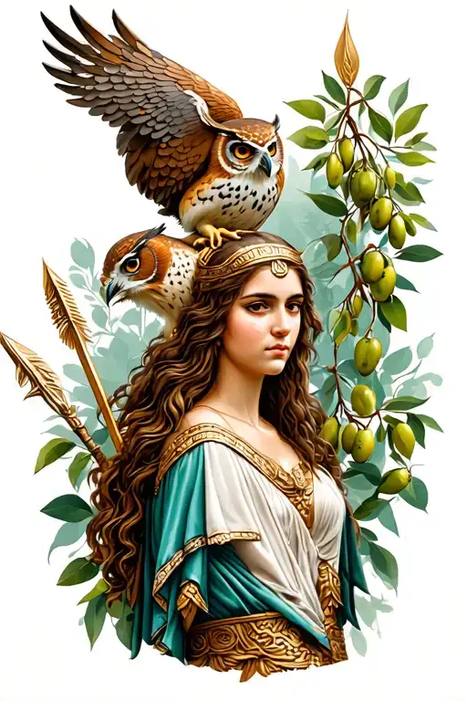athena greek goddess with owl, spear and olive tree tattoo design idea