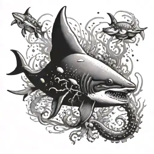 Incorporate mountain biking gear into a detailed underwater scene with marine creatures like sharks and octopuses tattoo design idea