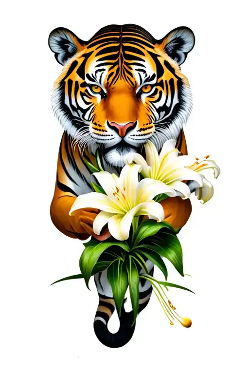 tiger holding a katata with lillies and norigae tattoo design idea