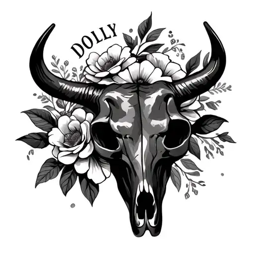 bull skull, flowers, text 'DOLLY' tattoo design idea