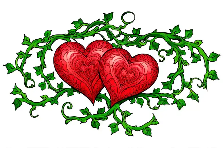Two separate red hearts connected with green vine going tattoo design idea