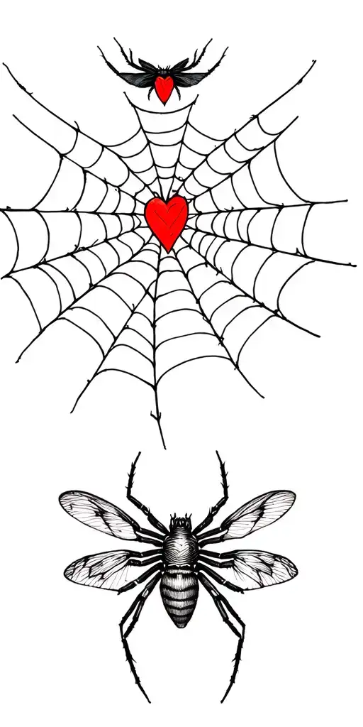 I want on the forearm spider with heart shape web. and at the top arm i wwant black moth with red heart shape on it wing tattoo design idea