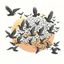 A silhouette of a flock of birds in flight against a colorful sunset sky tattoo design idea