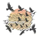 A silhouette of a flock of birds in flight against a colorful sunset sky tattoo design idea