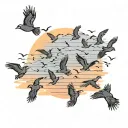 A silhouette of a flock of birds in flight against a colorful sunset sky tattoo design idea