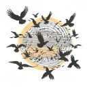 A silhouette of a flock of birds in flight against a colorful sunset sky tattoo design idea