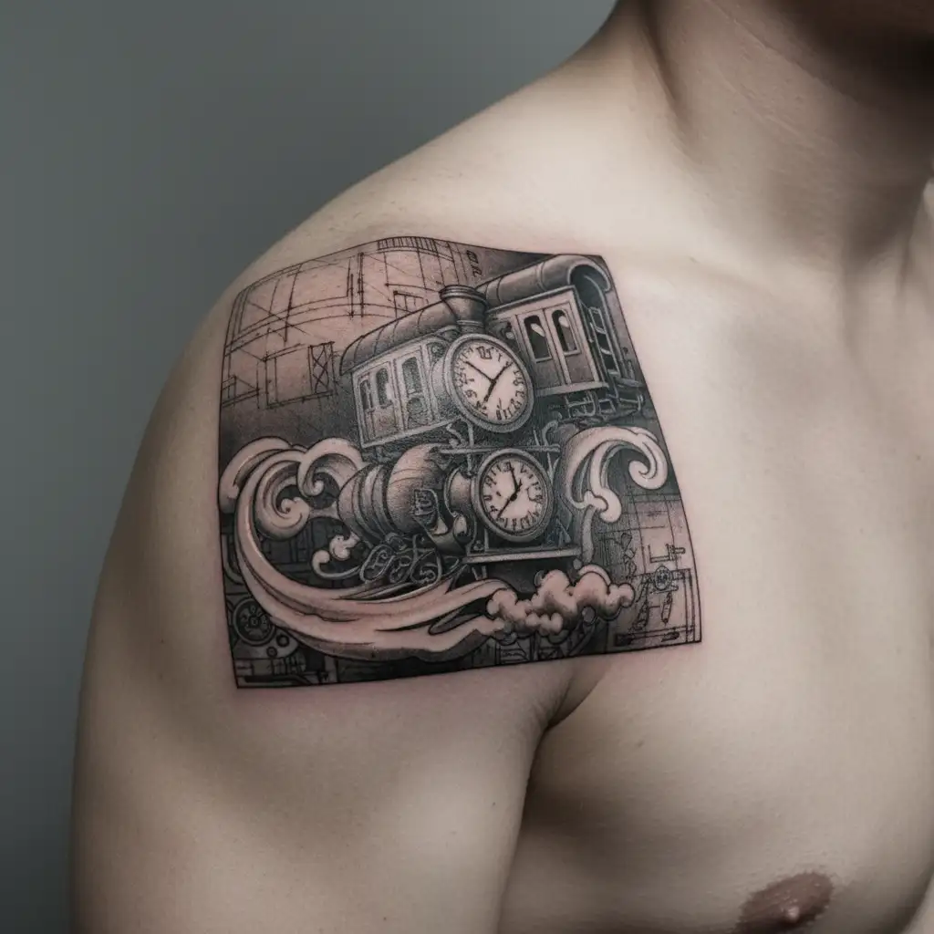 hour glass train tattoo design idea
