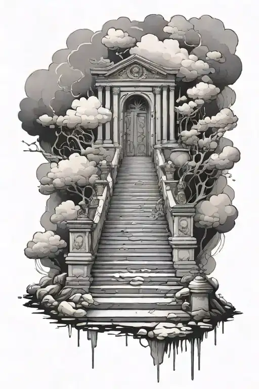 broken staircase leading to gates in clouds tattoo design idea