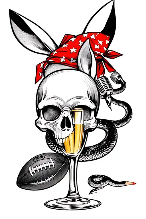 Pyramid, playboy bunny, snake, football, OutKast logo, champagne glass, skull with a red bandana, microphone, pencil tattoo design idea