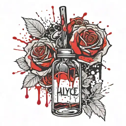 gray scale roses with red paint dripping on them and an intricate glass vial with a name tag that says "Alyce" tattoo design idea