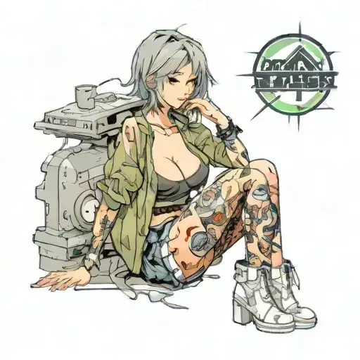 Sexy girl, Gigantic Boobs, cleavage, wide hips, petite, big booty.. grungy torn clothing, short bob hairstyle, cigarette tattoo design idea