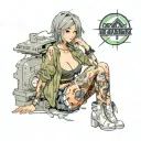 Sexy girl, Gigantic Boobs, cleavage, wide hips, petite, big booty.. grungy torn clothing, short bob hairstyle, cigarette tattoo design idea