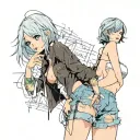 Sexy girl, Gigantic Boobs, cleavage, wide hips, petite, big booty.. grungy torn clothing, short bob hairstyle, cigarette tattoo design idea