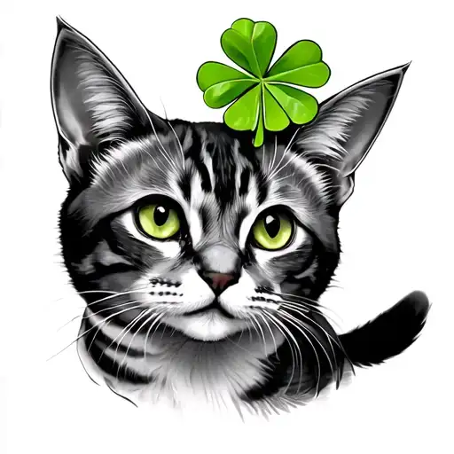 cat with 4 leaf clover tattoo design idea