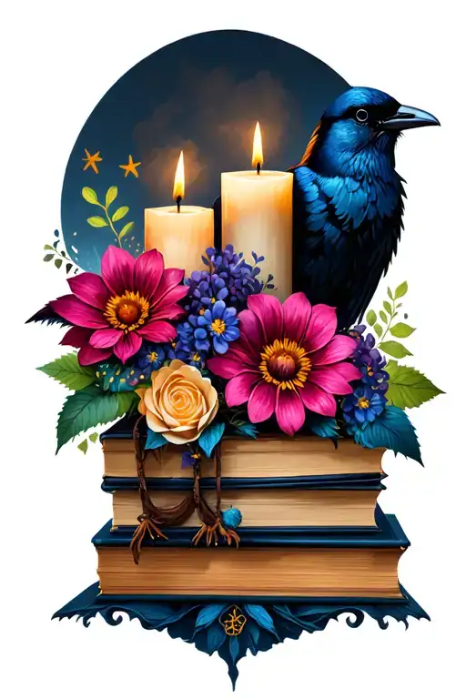 books witchy flowers crows candles tattoo design idea