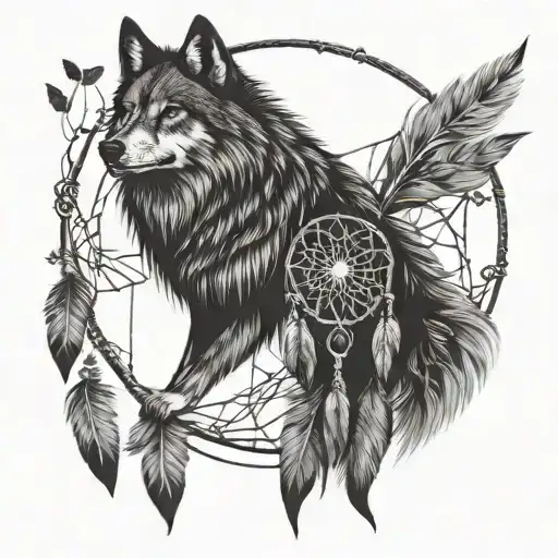 An intricate dreamcatcher with a wolf silhouette woven into the design tattoo design idea