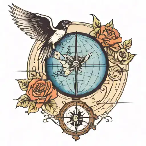 globe with compass and swallow colour tattoo design idea