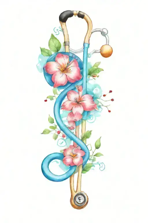 stethoscope, flowers, heart beat line tattoo design idea