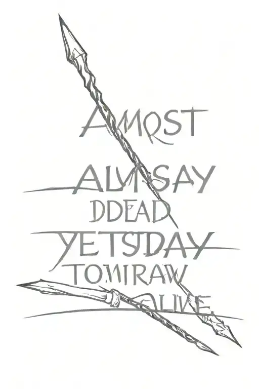 spear with text “Almost dead yesterday, maybe dead tomorrow, but alive, gloriously alive, today” with whole text visible tattoo design idea