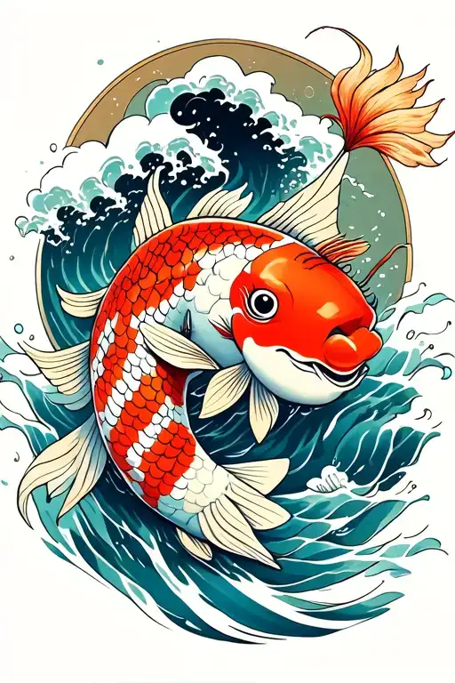 koi fish swimming upstream and daruma doll and wave tattoo design idea