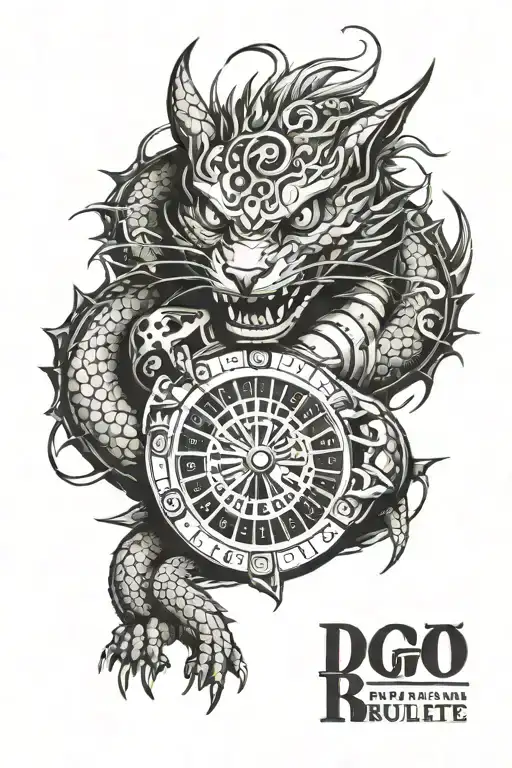 dragon, casino roulette, black and white cat some letters and with background tattoo design idea