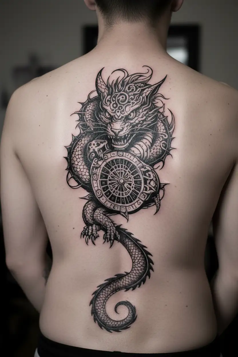 dragon, casino roulette, black and white cat some letters and with background tattoo design idea