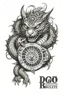dragon, casino roulette, black and white cat some letters and with background tattoo design idea